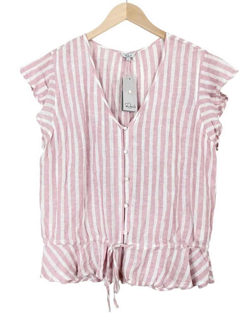 Rails Bretton Button Front Linen Shirt In Rose Stripe Size Large